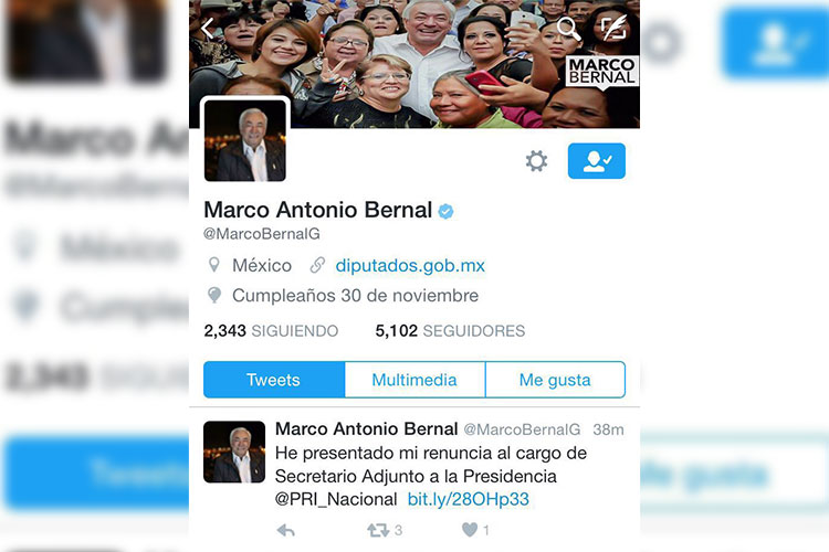 Renuncia Bernal como Secretario General Adjunto al CEN del PRI