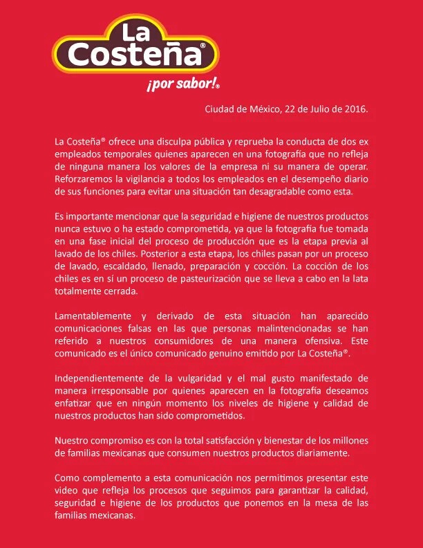 La costena pude disculpas comunicado