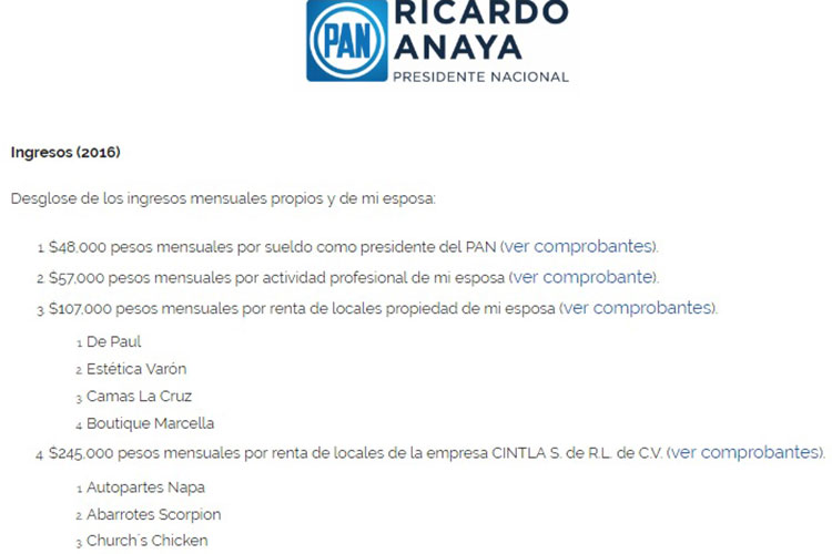 Ricardo Anaya publica en internet sus ingresos, gastos y ahorros; también de su esposa