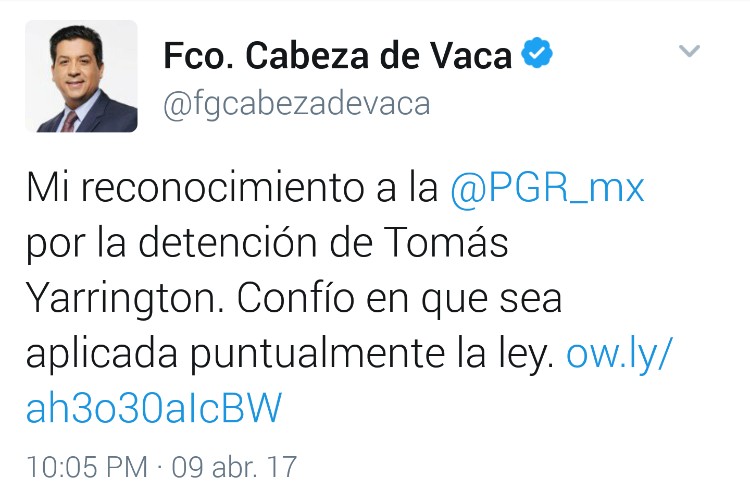 Cabeza de Vaca aplaude detención de Tomás Yarrington
