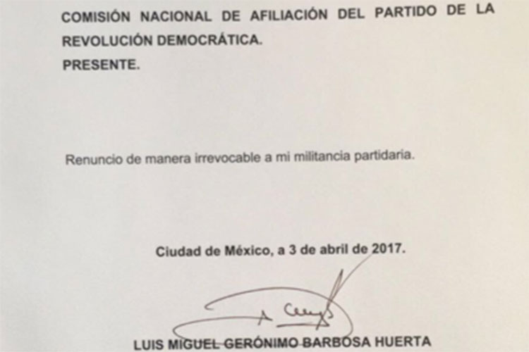 Barbosa presenta renuncia ‘irrevocable’ al PRD