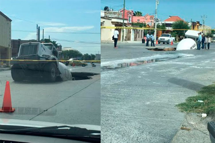 Socavón devora camión materialista en Reynosa