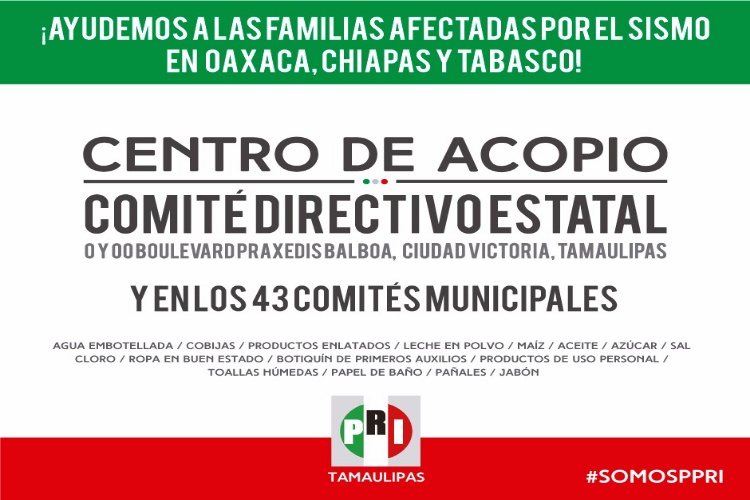 Abre PRI centros de acopio para afectados por sismo