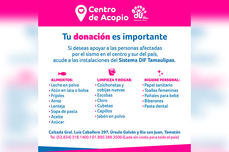 Activa DIF Tamaulipas Centro de Acopio para ayudar a familias del centro del país