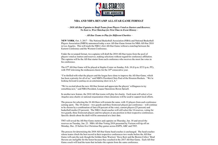 NBA anuncia cambio de formato para el Juego de Estrellas