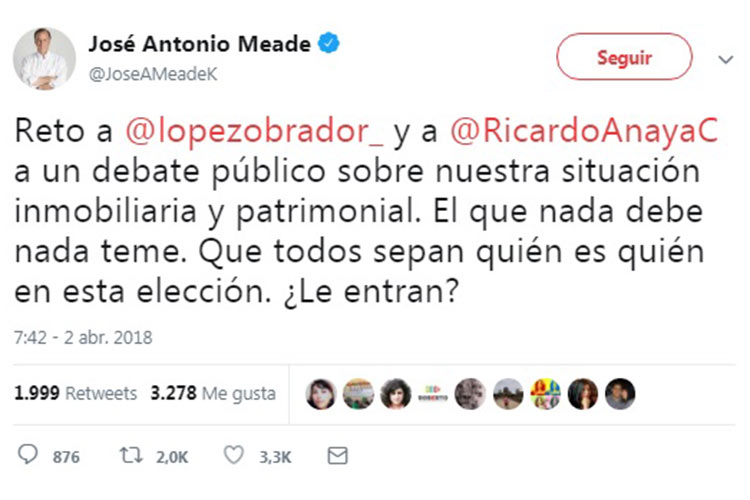 Meade reta a AMLO y Anaya a debatir sobre situación patrimonial