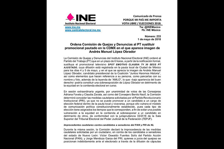 Ordena INE retirar espot por sobreexposición de AMLO