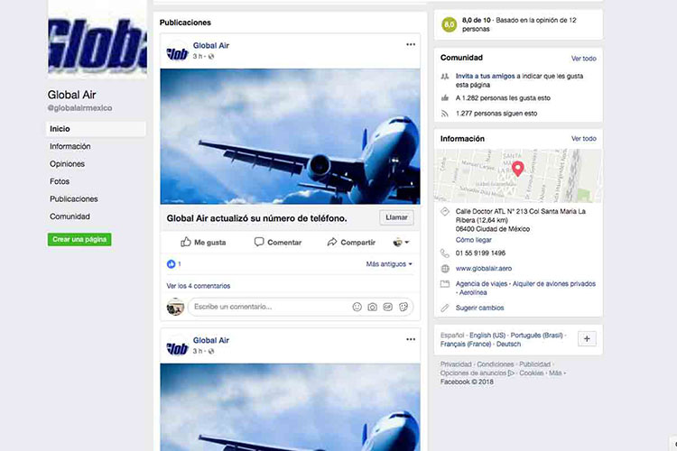 Global Air, involucrada en avionazo, cambia datos en Facebook