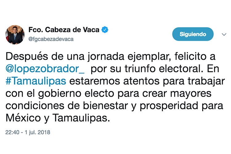 Felicita Gobernador de Tamaulipas a AMLO