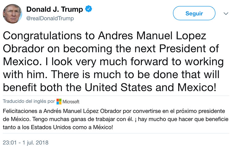 Trump espera con ansias trabajar con López Obrador