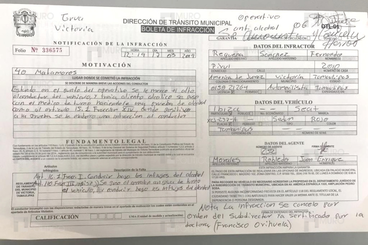Cancelan boleta en pleno Operativo Anti alcohol