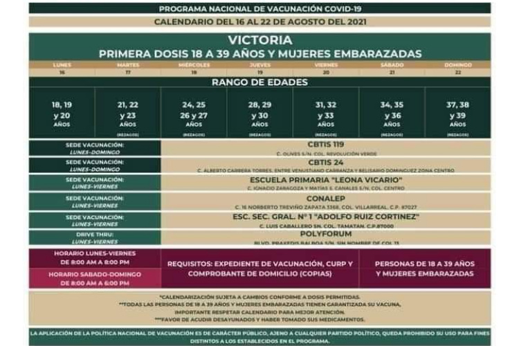 Serán 6 sedes para vacunación de los chavos en #CdVictoria