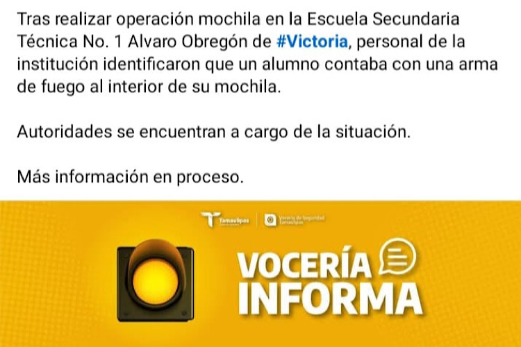 Hallan pistola a estudiante de Secundaria en Ciudad Victoria
