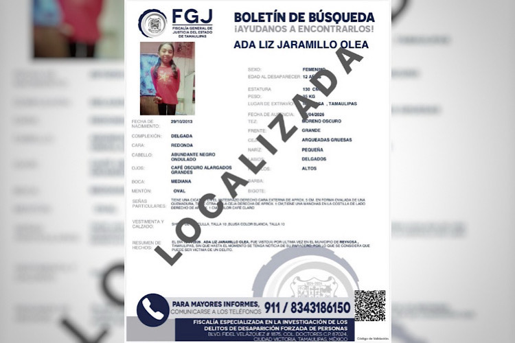 Localizan con vida a menor desaparecida en Reynosa