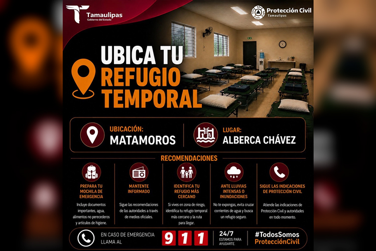 Habilita Protección Civil refugios temporales en Reynosa, Matamoros y Río Bravo ante condiciones meteorológicas